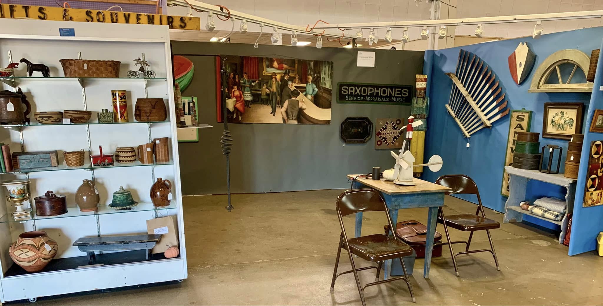 Vintage shop interior with mid-century collectibles and retro signs